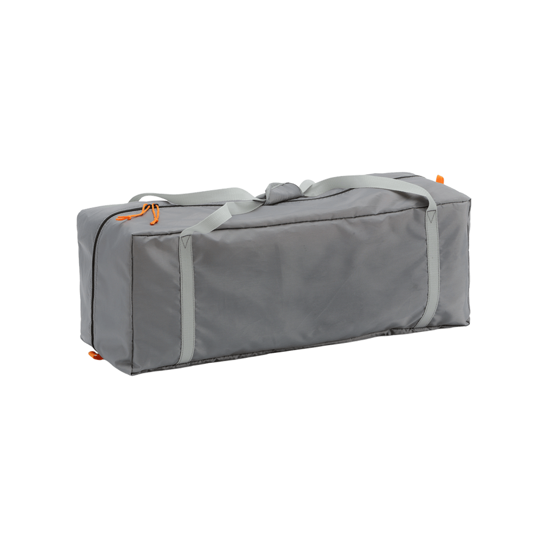 grey carry bag with white straps and orange pull tabs