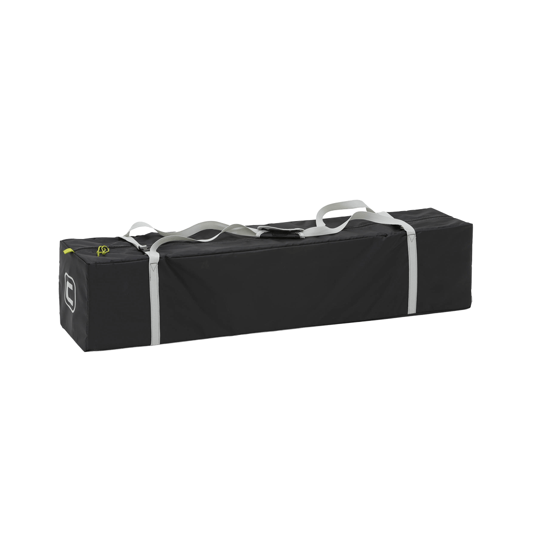 black carry bag with white straps and green pull tabs