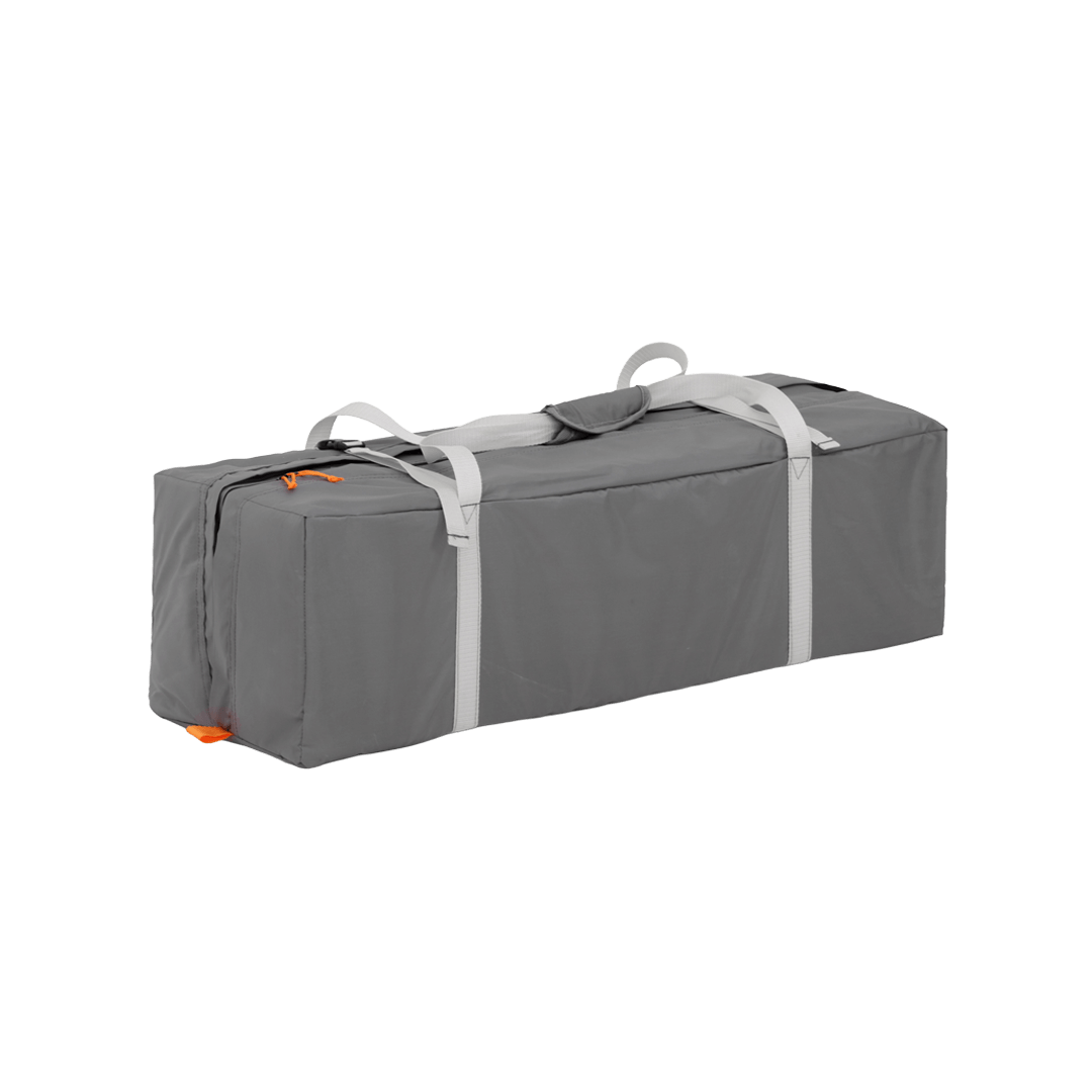 grey carry bag with white straps and orange pull tabs