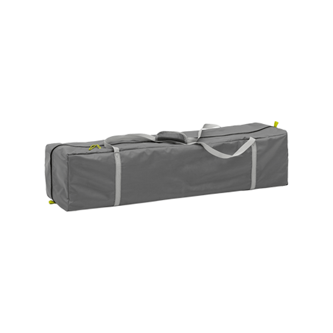 grey carry bag with white straps and green pull tabs