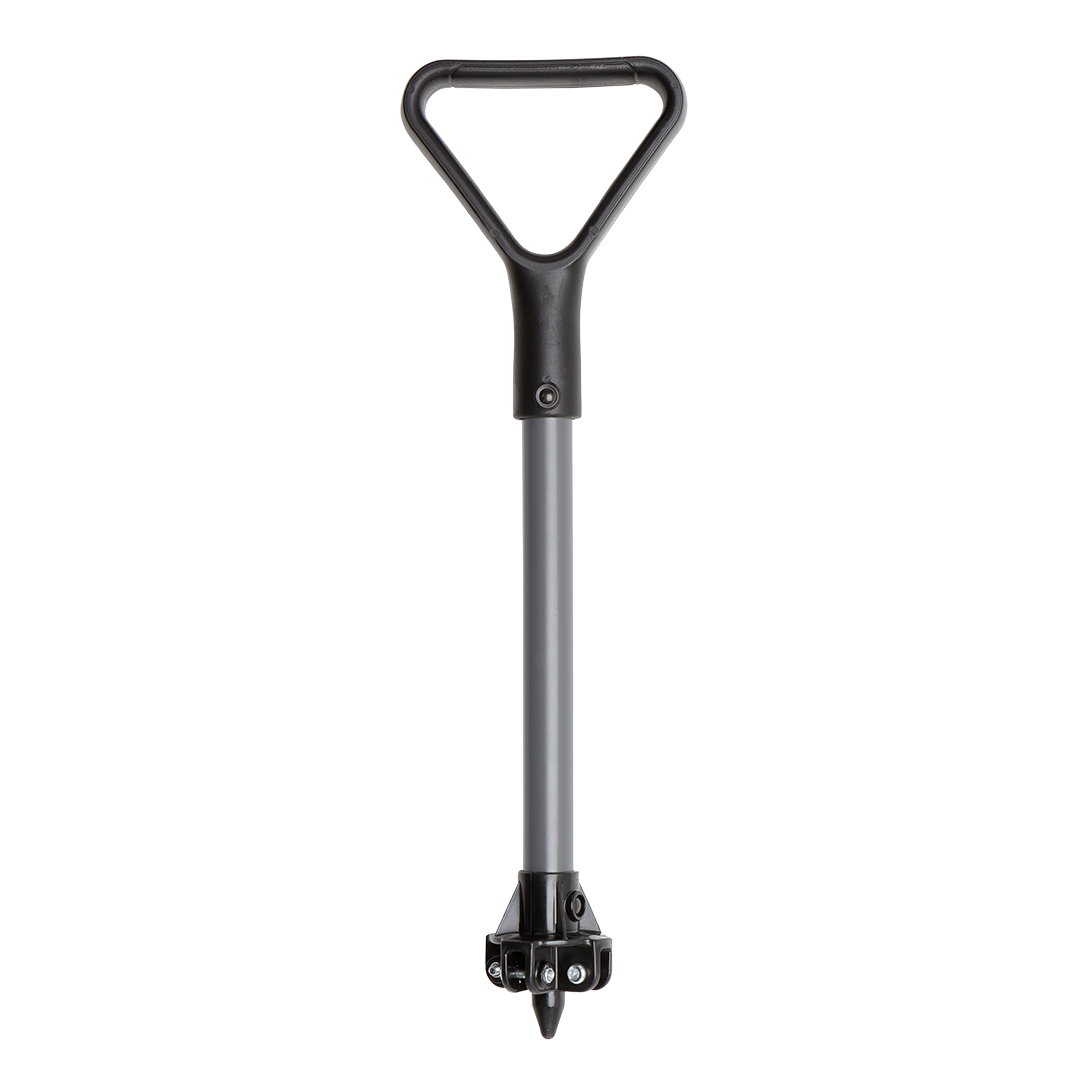 grey center push part with black plastic handle and hardware
