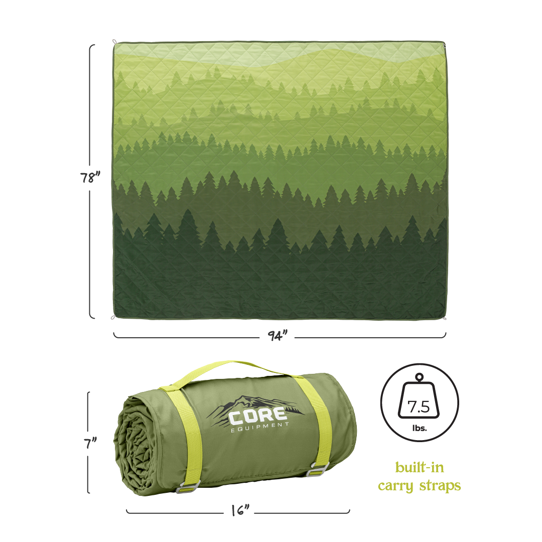 A green Staydown Outdoor Travel Weighted Ground Blanket with a quilted forest design is displayed. Its dimensions are 94" by 78". The folded outdoor blanket measures 16" wide, weighs 7.5 lbs, and features built-in carry straps. The brand name "CORE" is visible on the folded blanket.
