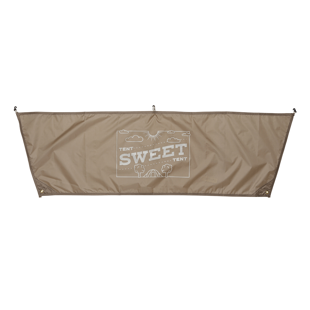 brown fabric doormat with the text "tent sweet tent" printed in the center