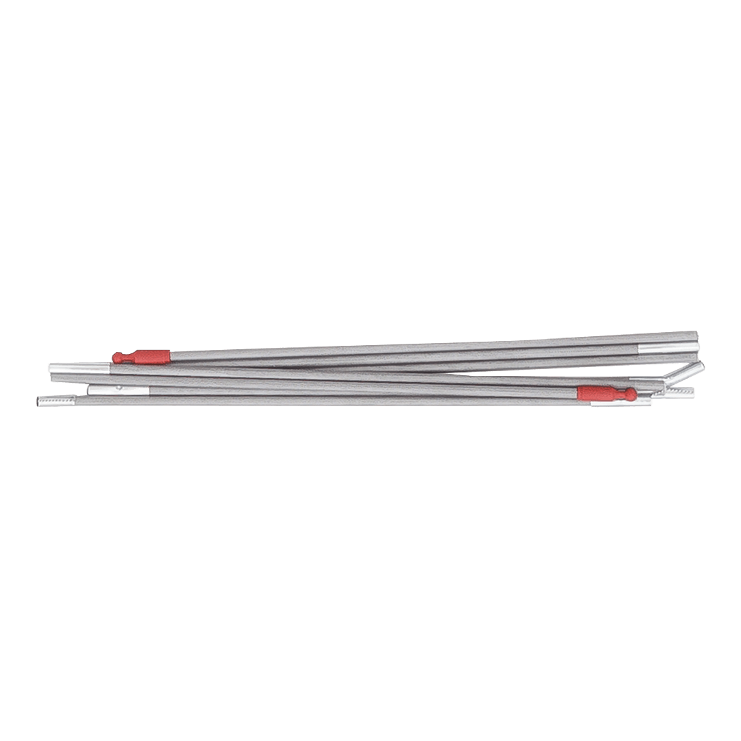 grey segmented tent pole with silver connectors and red endcaps