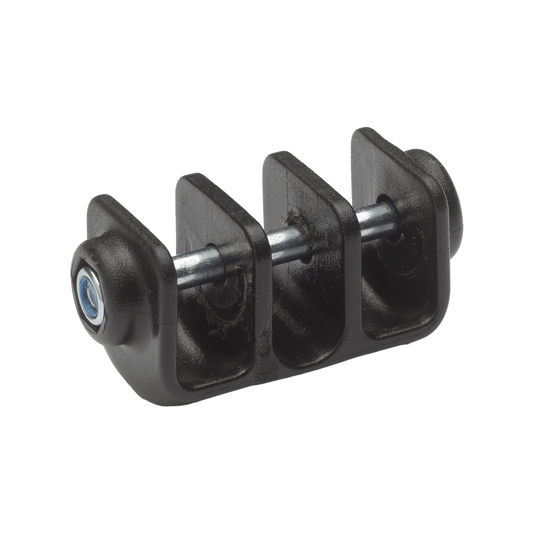 E shaped joint with three slots for poles and attached nut and bolt