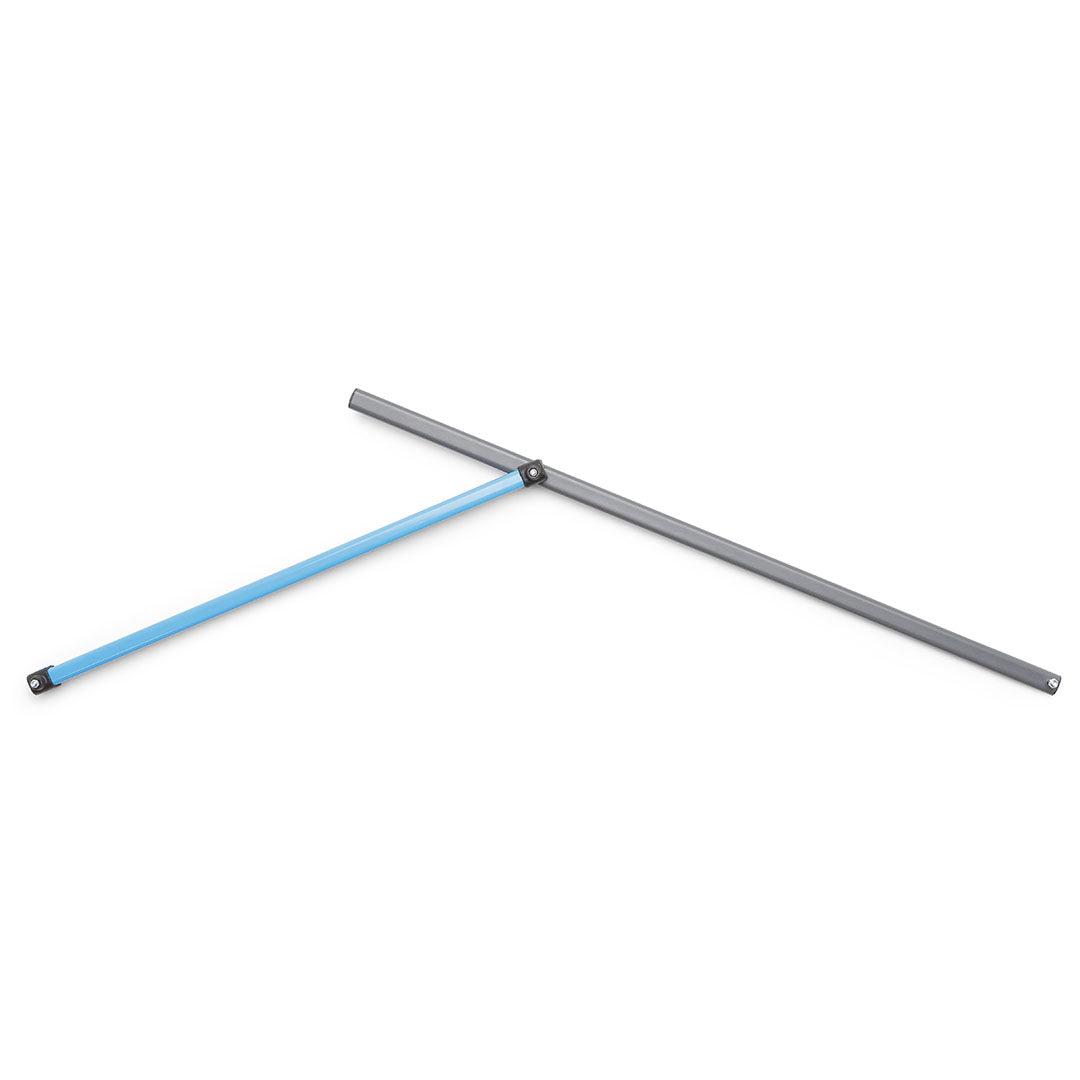 side view of eave pole assembly with blue poles, grey pole, and attached joints and hardware.