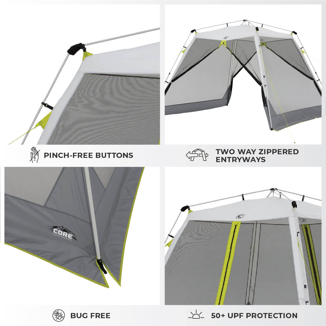 Four images show features of a gray and white CORE 10x10 Instant Screen House: pinch-free buttons, two-way zippered entryways, a bug-free mesh vent, and UPF 50+ sun protection. Neon accents and CORE branding are visible. Icons and labels describe each feature.