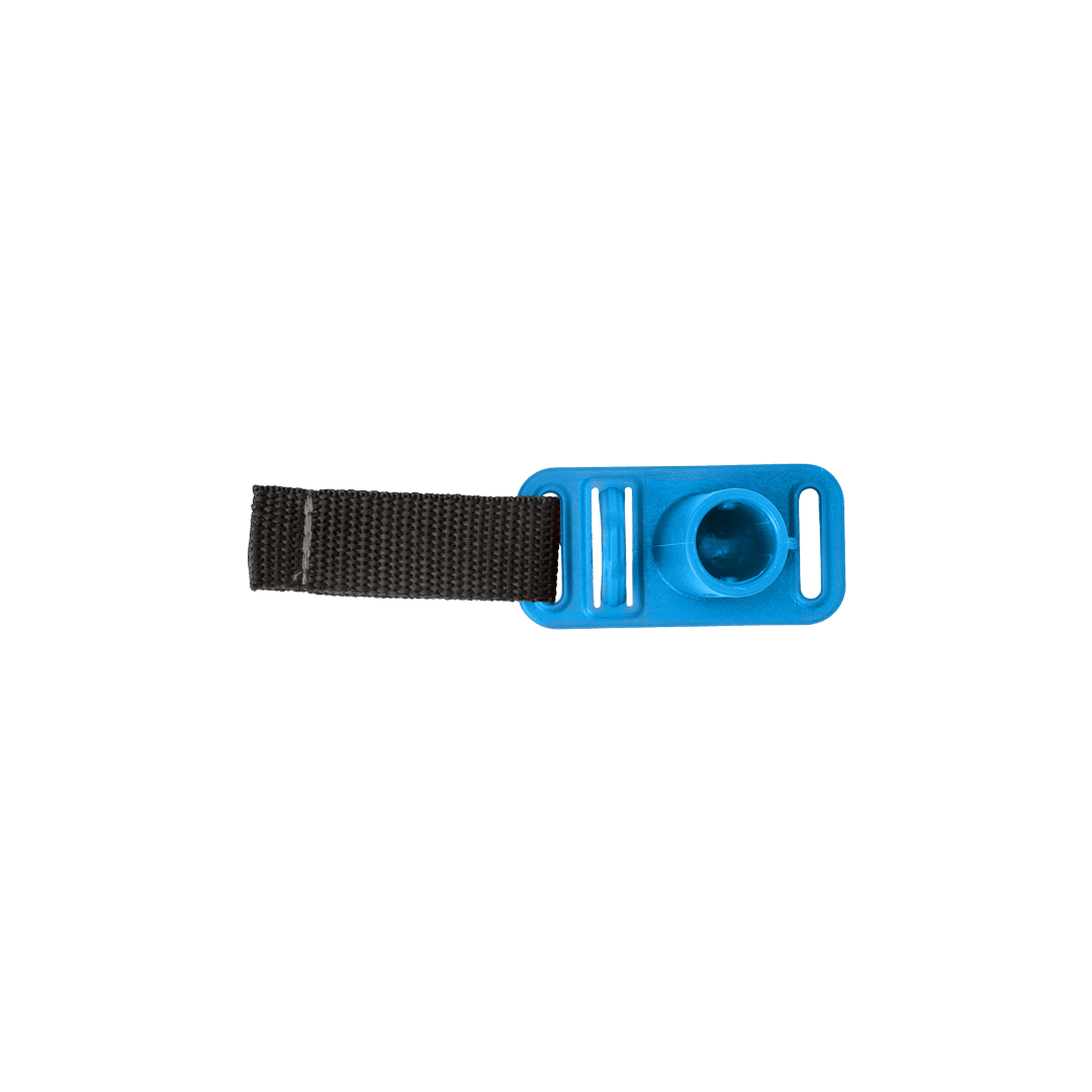 top view of blue foot connector with attached black strap
