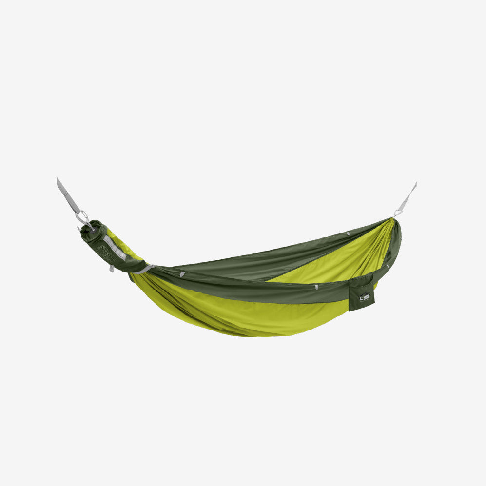 A green and dark green CORE hammock hanging