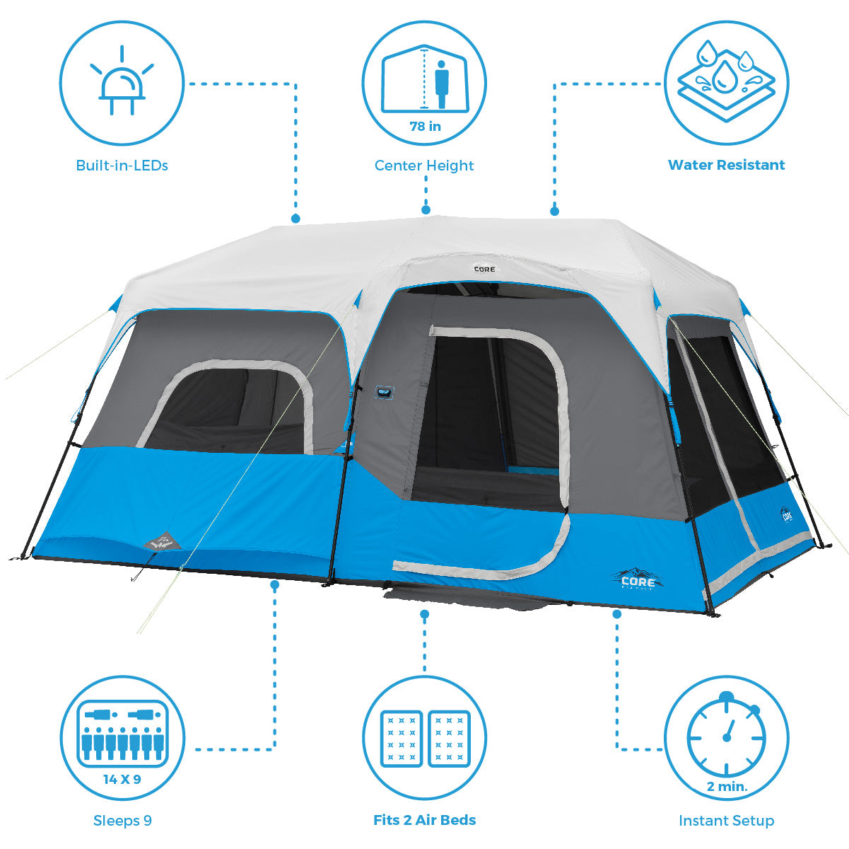 9 Person Lighted Instant Cabin Tent 14' x 9' – Core Equipment