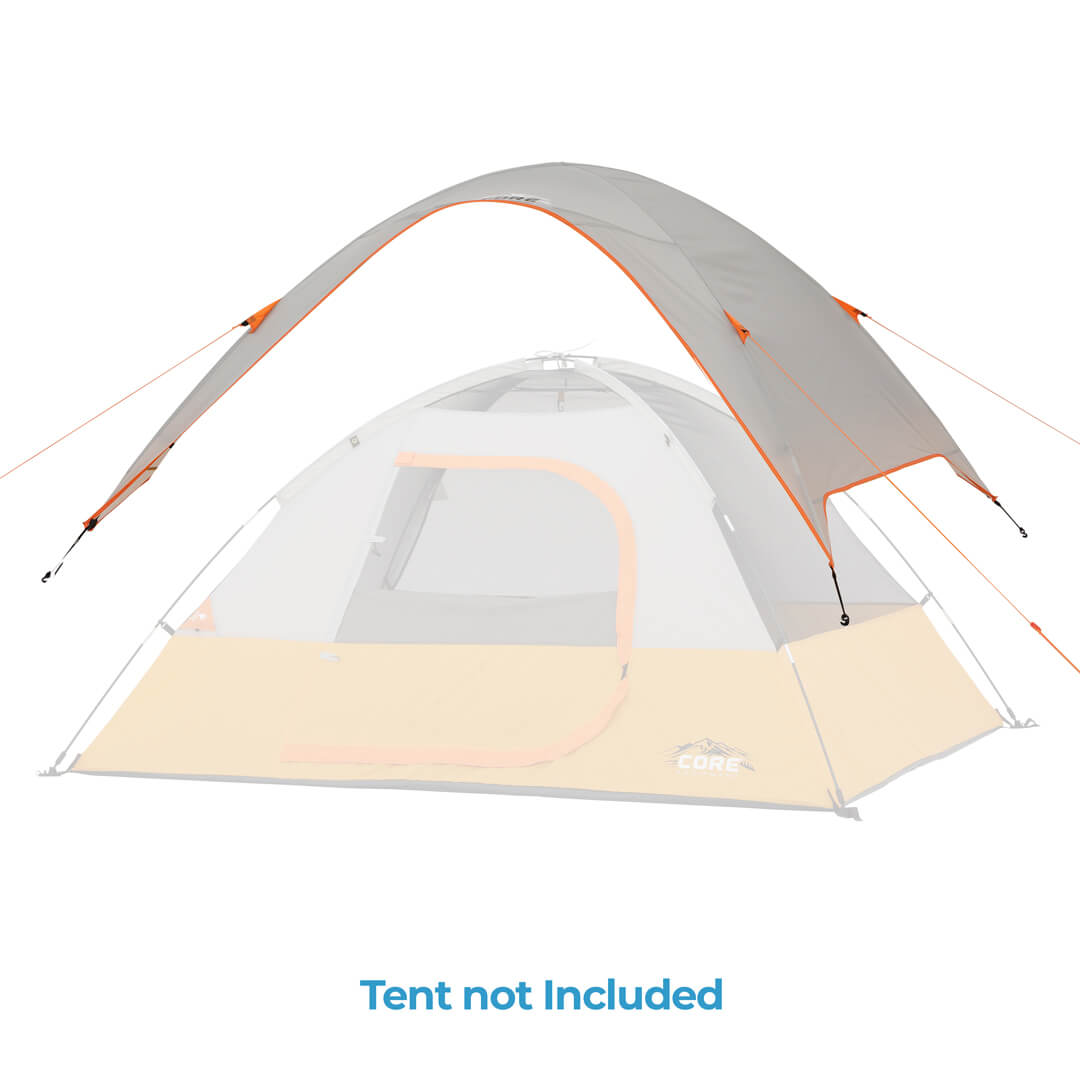 white rainfly with orange trim over a tent body with the text "tent not included" 