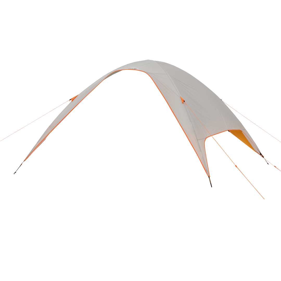 white rainfly with orange trim