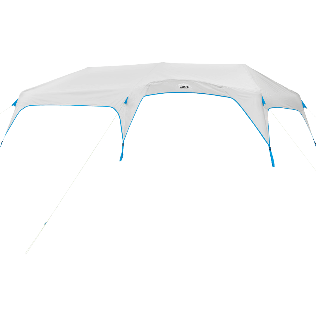 white rainfly with blue trim and straps