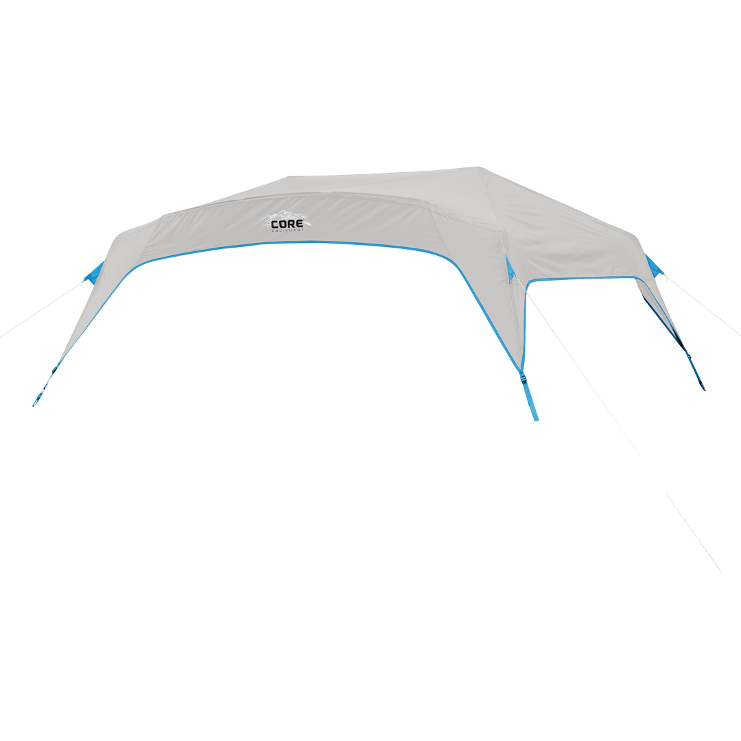 white rainfly with blue trim and accent details