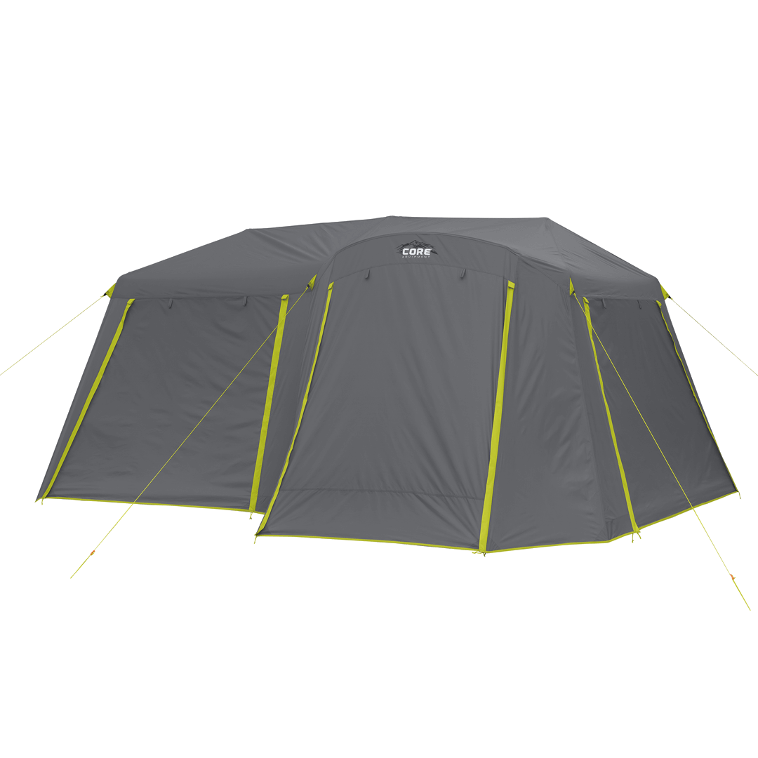 grey full length rainfly with green trim 