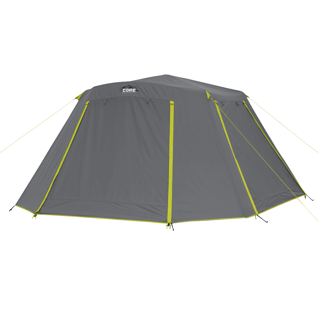 grey full length rainfly with green accents