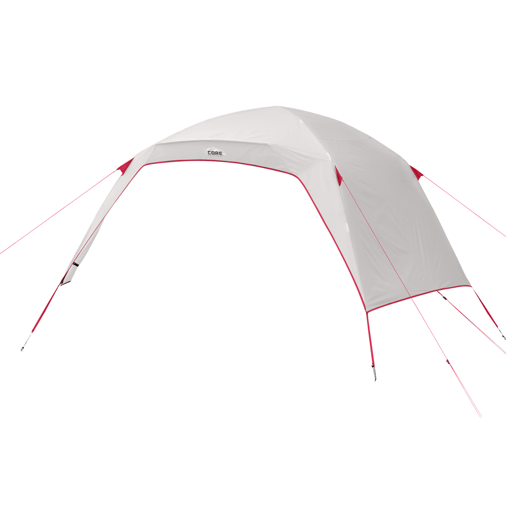 white rainfly with red trim