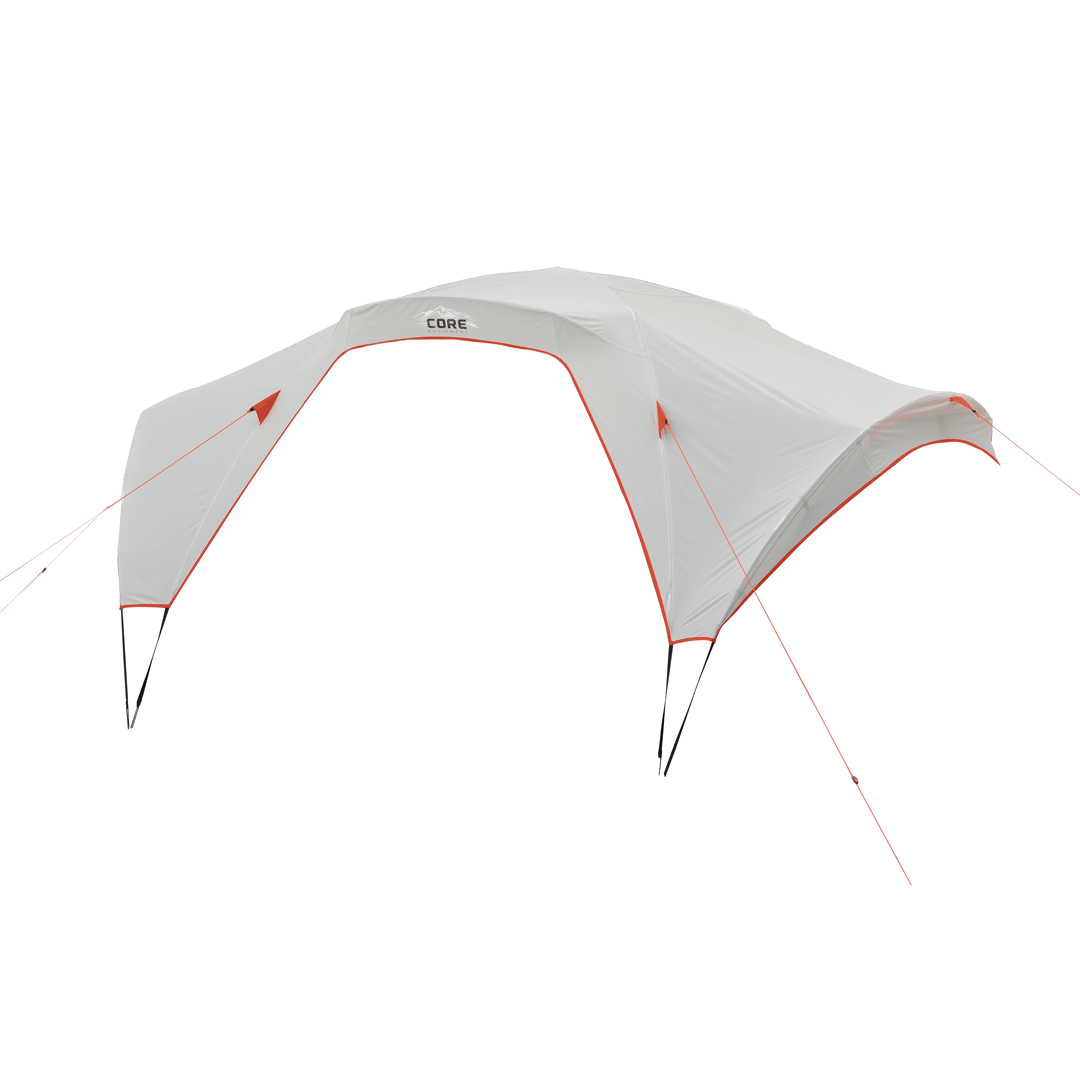 white rainfly with orange trim and black straps. 