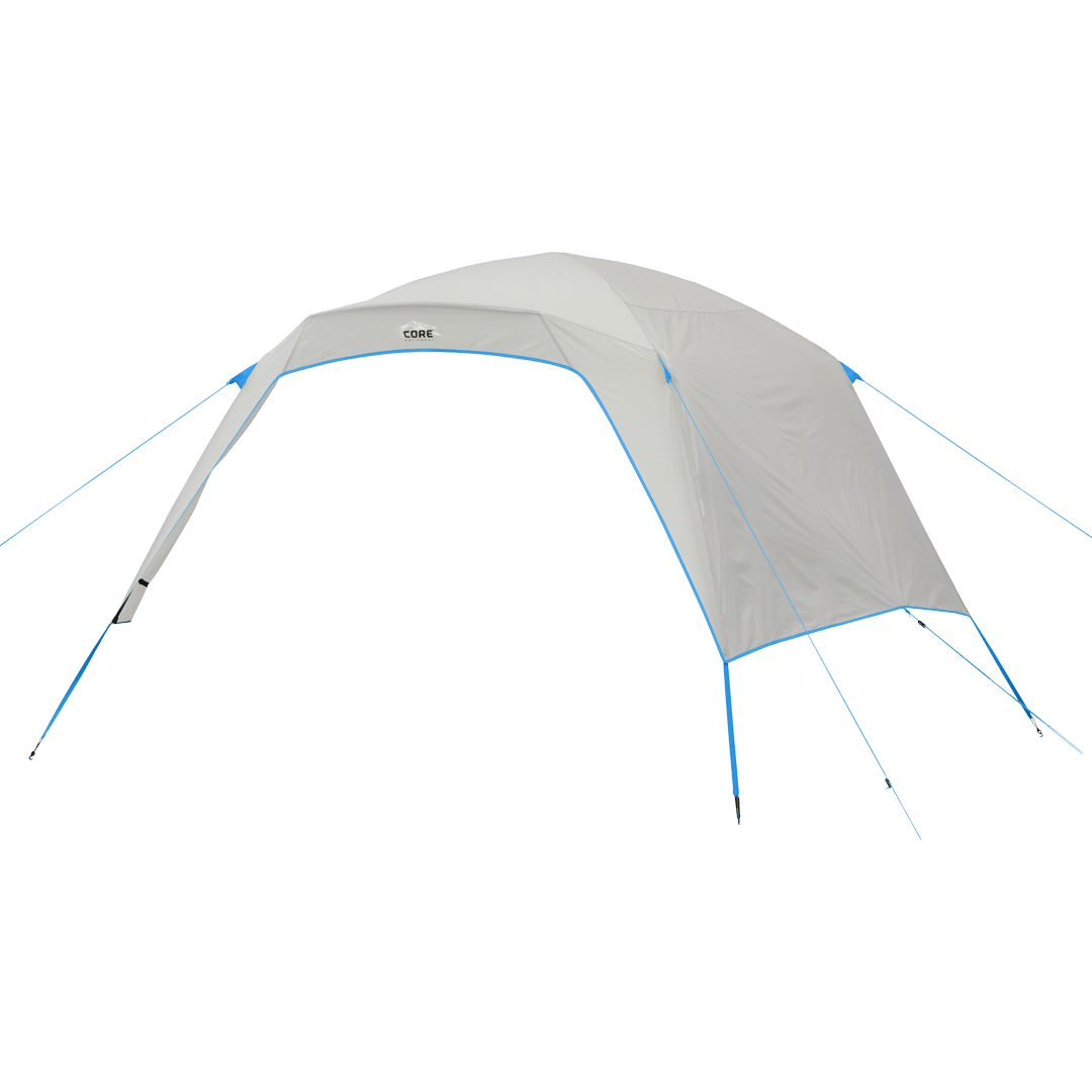 white rainfly with blue straps and trim