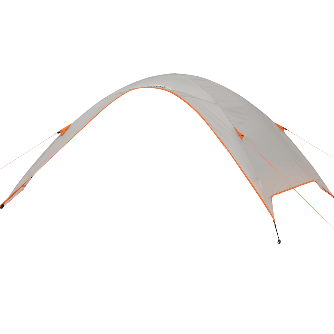 white rainfly with orange trim