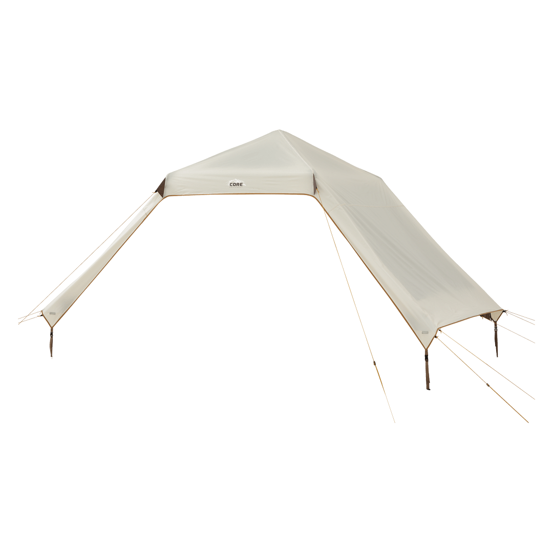 white rainfly with brown trim and straps