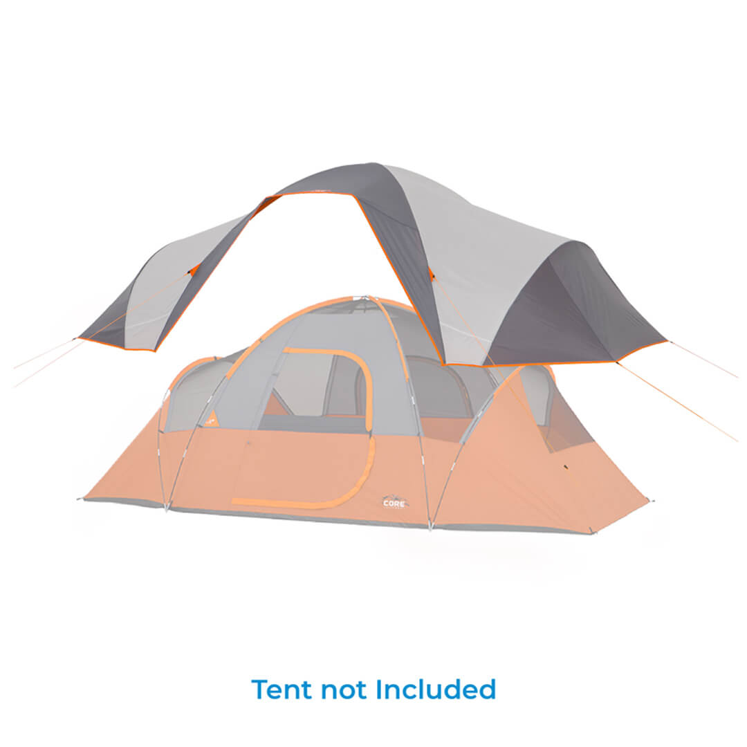 rainfly over orange and grey tent body with text reading "tent not included" 