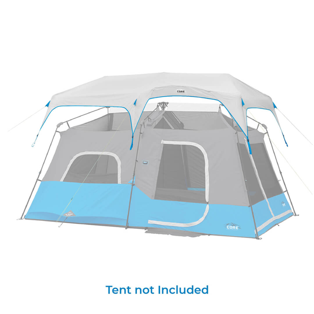 rainfly over grey and blue tent body with the text "tent not included"