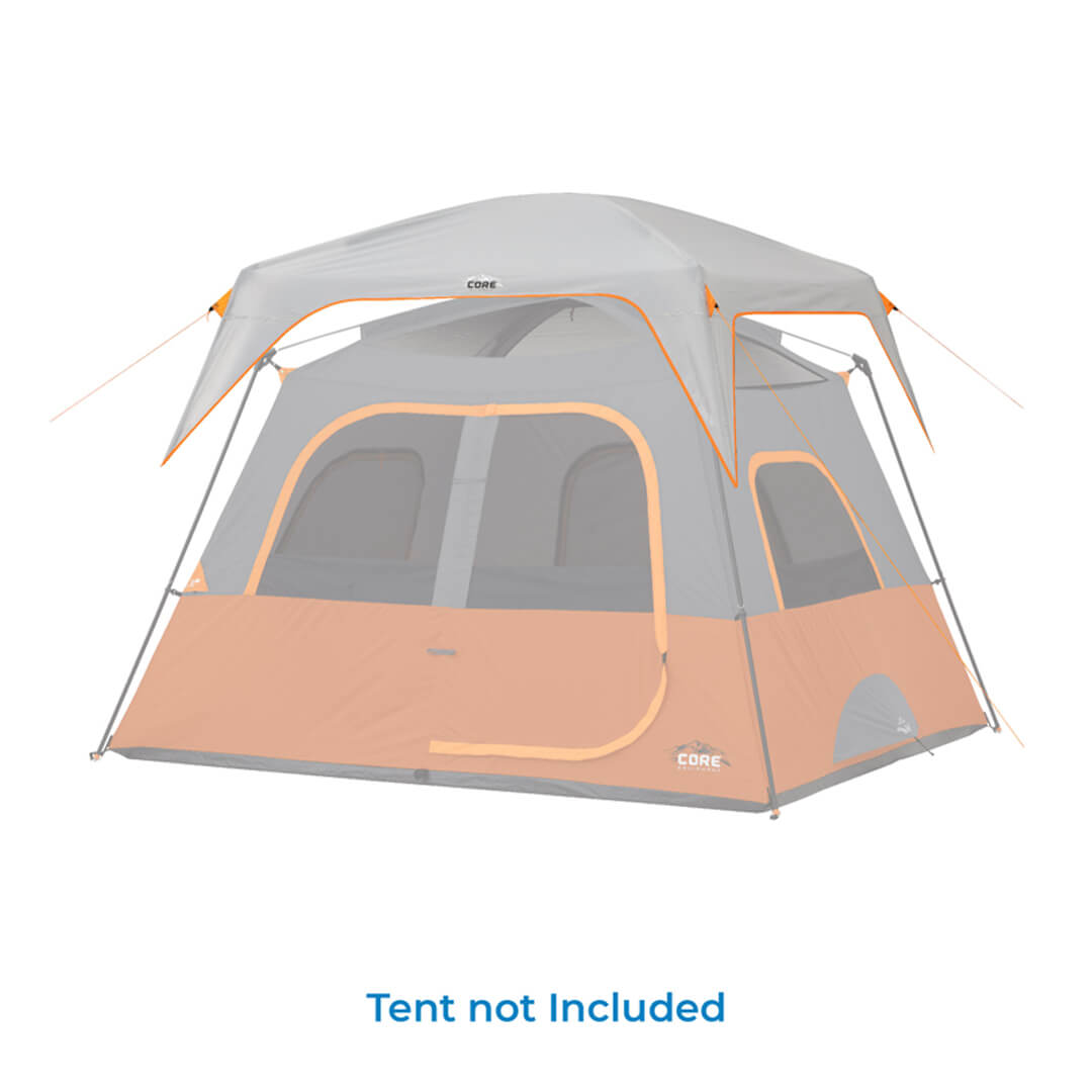rainfly over grey and orange tent body with the text "tent not included"