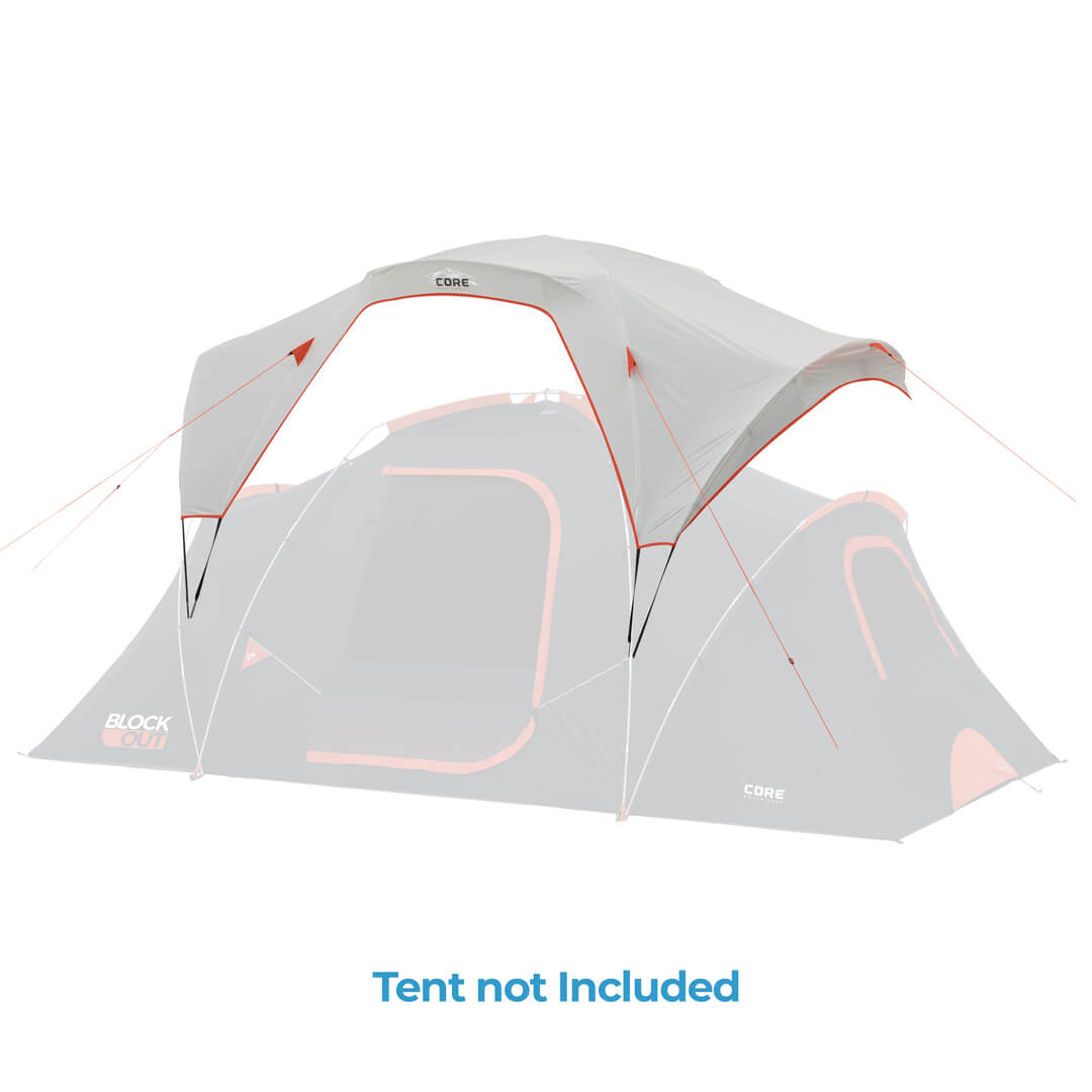 Rainfly over black blockout tent with the text "tent not included" 
