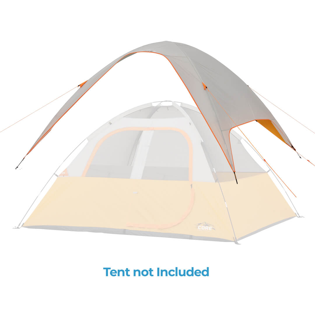 Rainfly over a 4 person tent with text reading "TENT NOT INCLUDED"