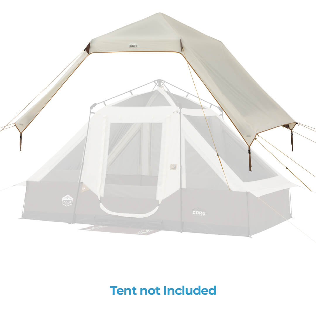 rainfly over brown and white pyramid tent with text reading "tent not included" 