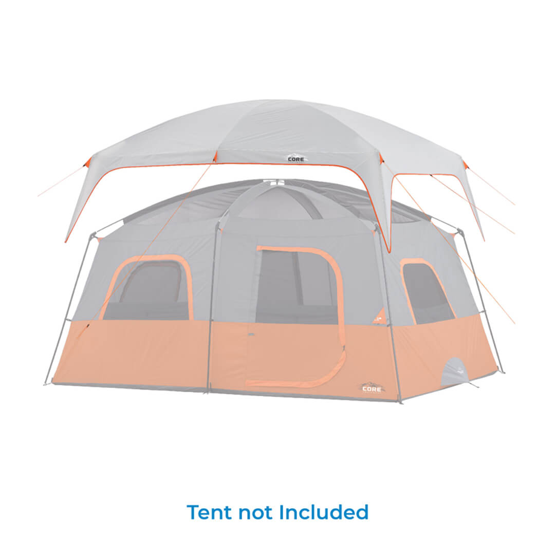 10 person rainfly over the 10 person tent with blue text reading "TENT NOT INCLUDED"