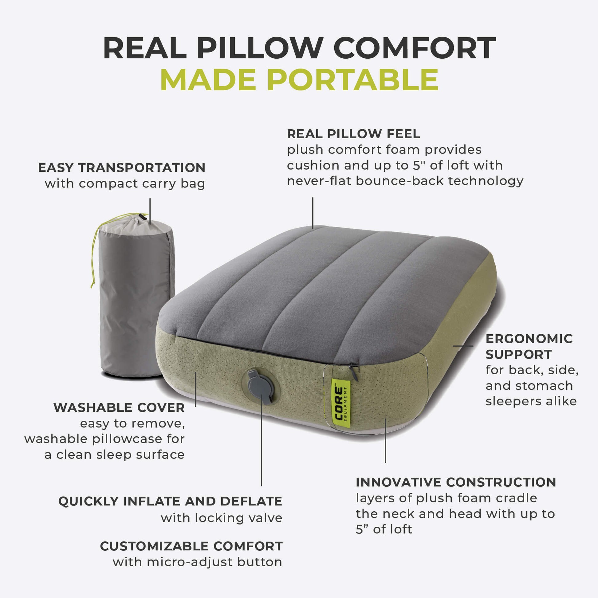 Inflatable pillow with features highlighted on a white background