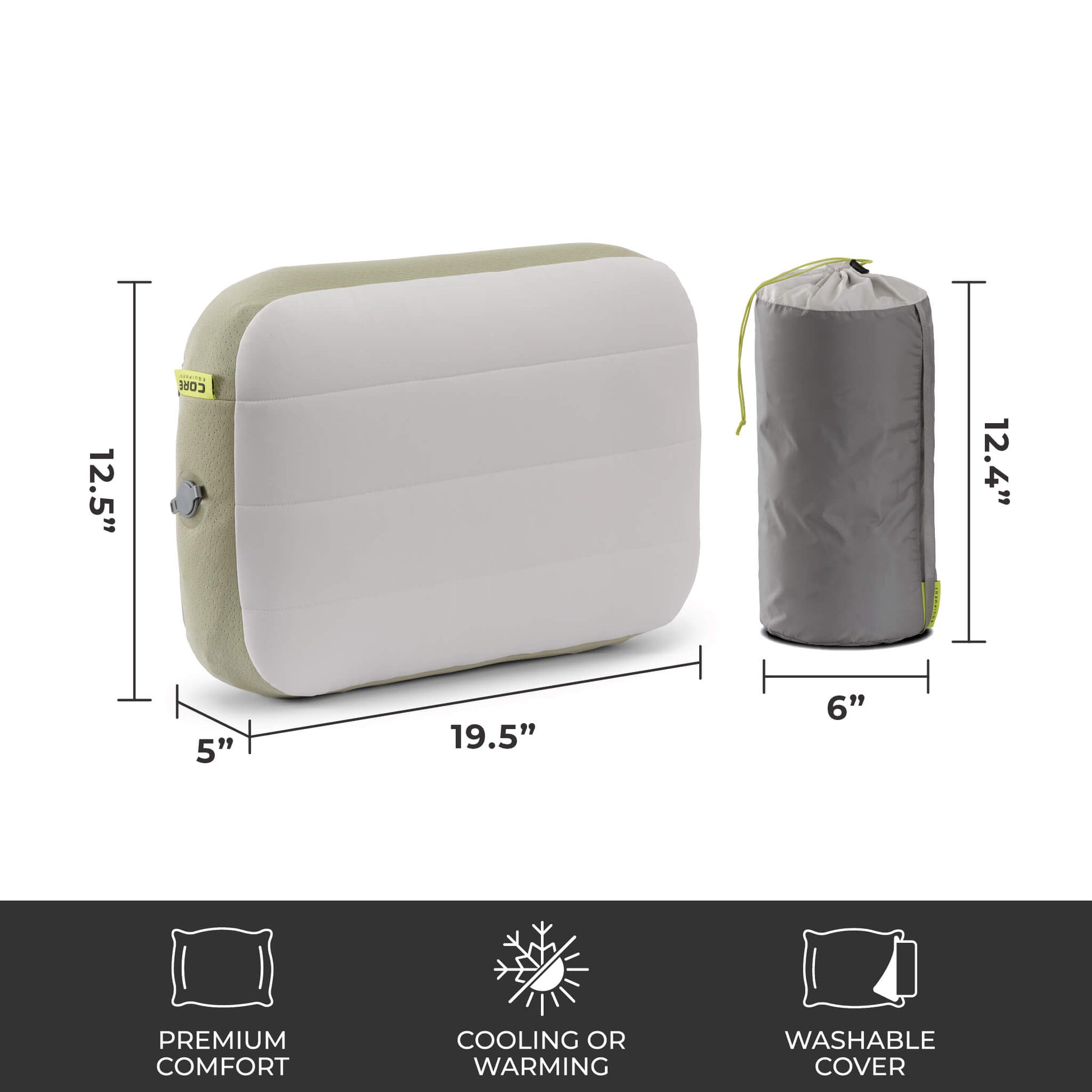 Rectangular inflatable camping pillow measuring 19.5 inches wide, 12.5 inches tall, and 5 inches deep, shown with a 12.4-inch-tall by 6-inch-wide gray carry bag. Features include premium comfort, a cooling or warming function, and a washable cover.