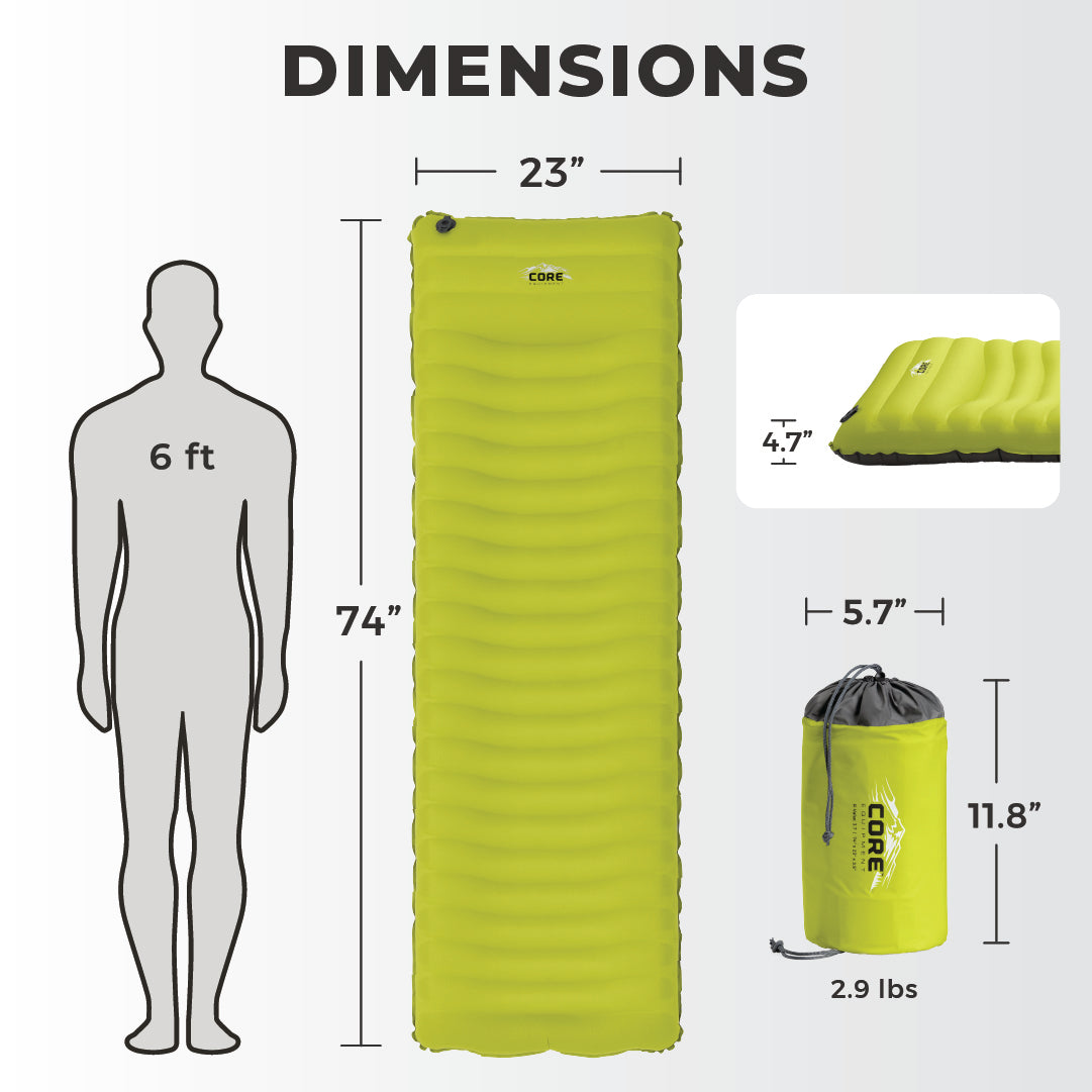 A vertical image displaying the dimensions of a green 4 Season Insulated Sleeping Pad by CORE. The pad is 74 inches long and 23 inches wide. An illustration compares its length to a 6-foot-tall figure. The pad in its carry bag is also shown, measuring 11.8 inches by 5.7 inches and weighing 2.9 pounds.