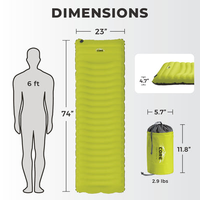 A vertical image displaying the dimensions of a green 4 Season Insulated Sleeping Pad by CORE. The pad is 74 inches long and 23 inches wide. An illustration compares its length to a 6-foot-tall figure. The pad in its carry bag is also shown, measuring 11.8 inches by 5.7 inches and weighing 2.9 pounds.