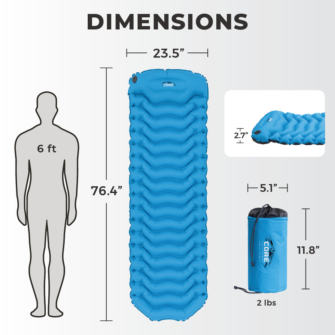 Dimensions of a CORE 3 Season Insulated Lightweight Sleeping Pad: Length 76.4 inches, width 23.5 inches, thickness 2.7 inches. Image shows pad inflated, rolled up (11.8” tall, 5.1” diameter), and compared to a 6-foot person. Weight: 2 lbs.