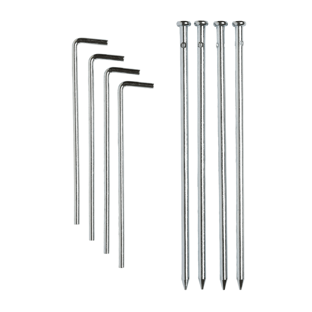 a set of 4 l-shaped tent stakes and a set of 4 spike stakes on a transparent background