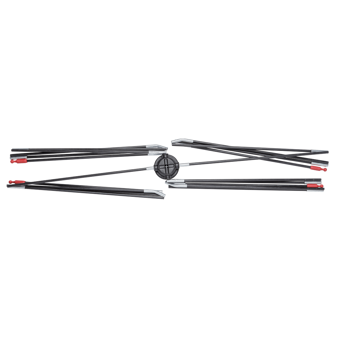 tent poles with attached center hub and red foot connectors