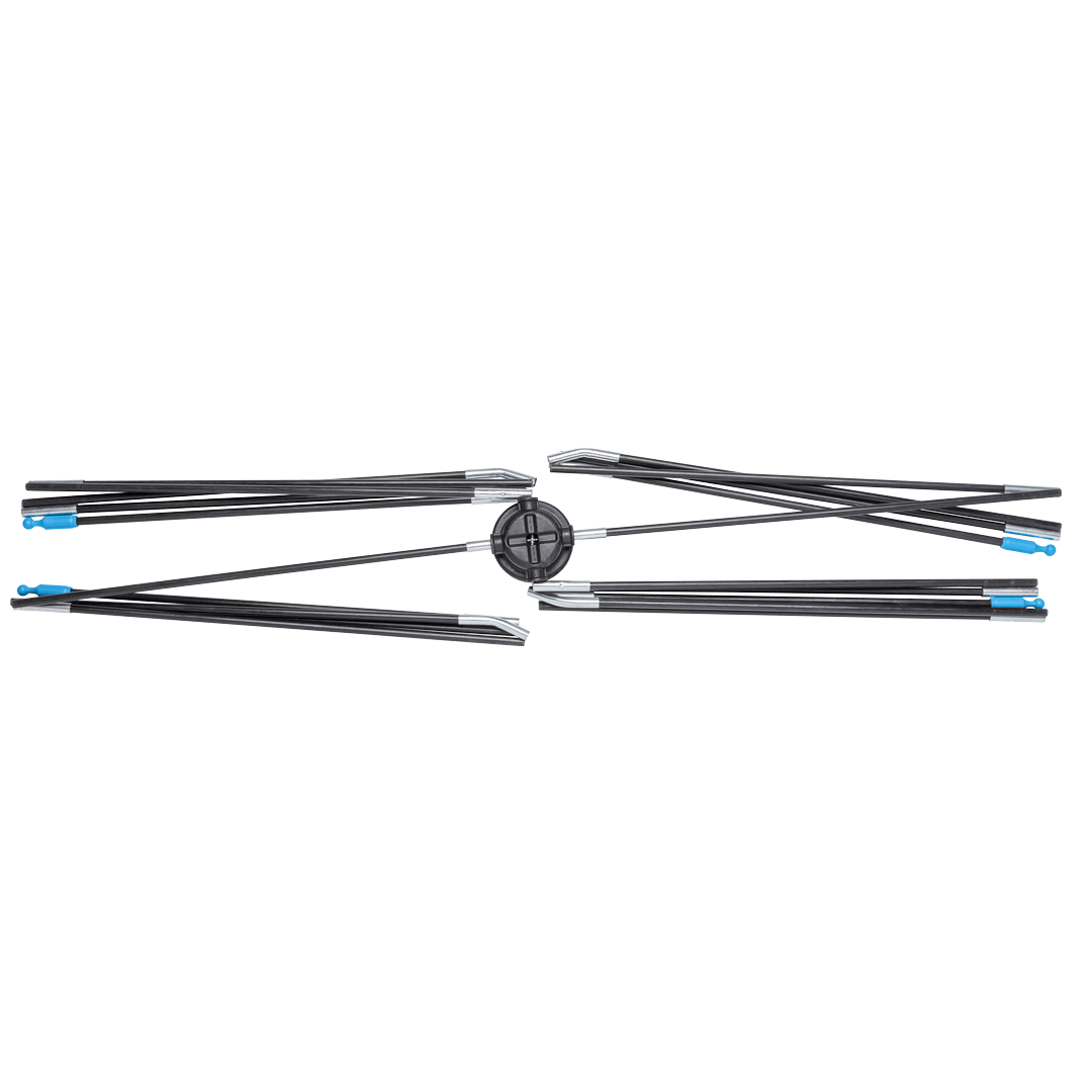 tent poles with attached center hub, silver connectors, and blue endcaps. 