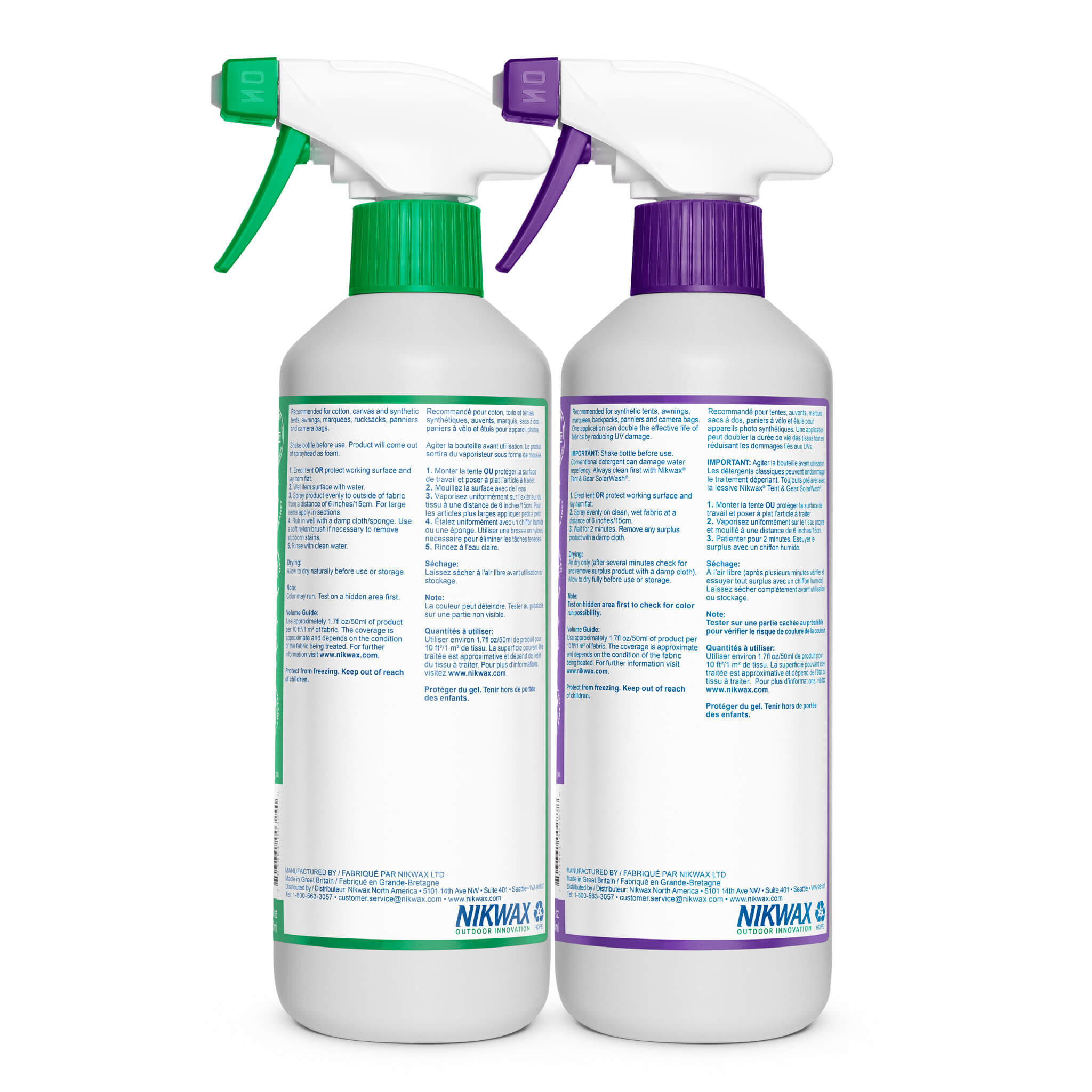 Product label of Nikwax SolarProof and SolarWash spray bottles with green and purple nozzles.