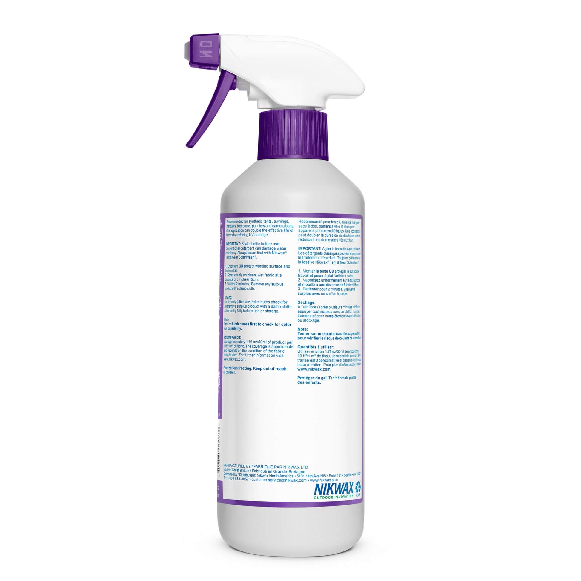 Nikwax Tent and gear SolarProof spray bottle with purple nozzle and back label.
