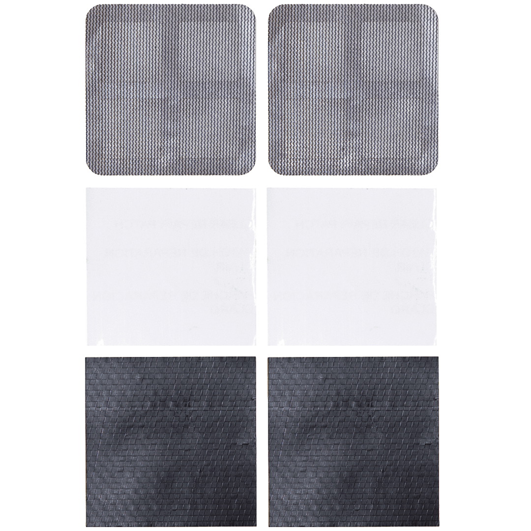 3 pairs of parches for tent repair including mesh, clear, and durable woven patches. 
