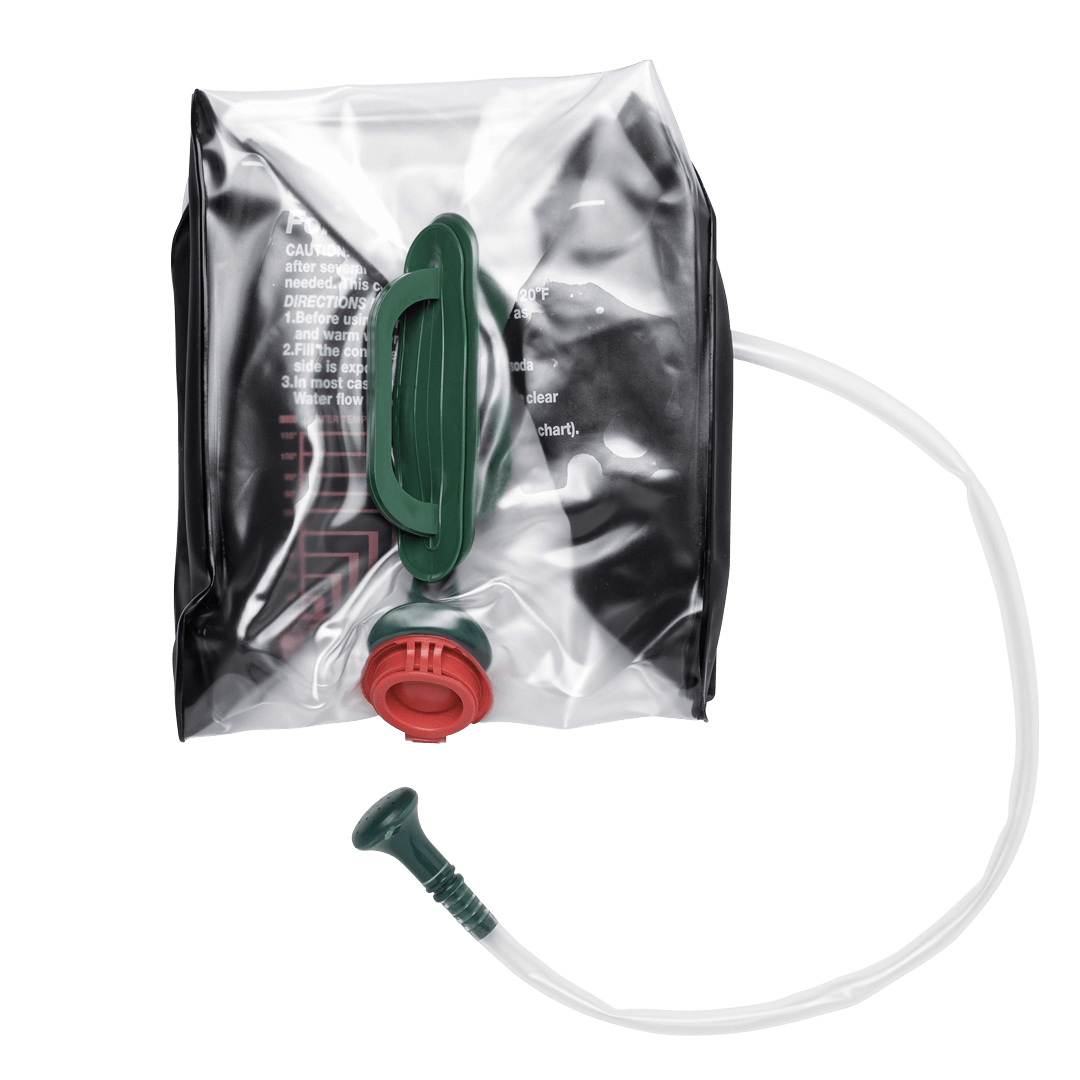 clear water bag with attached handle, red cap/stopper, and shower head attachment