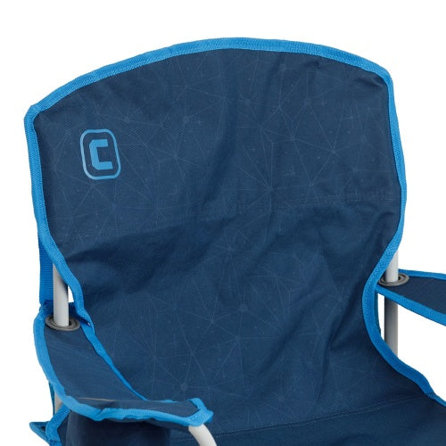 Blue camping chair with geometric pattern and logo on a white background