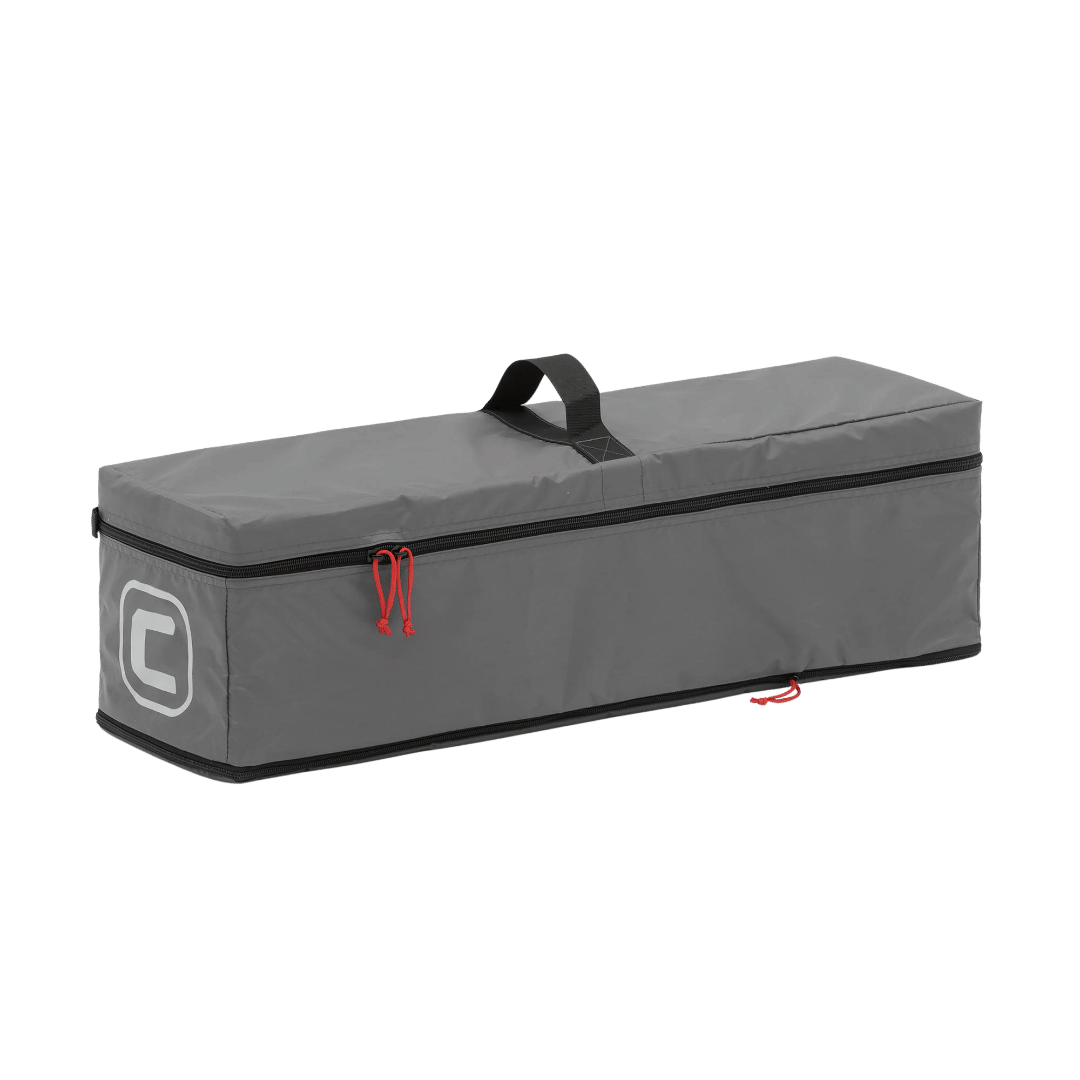 grey carry bag with black straps and red pull tabs