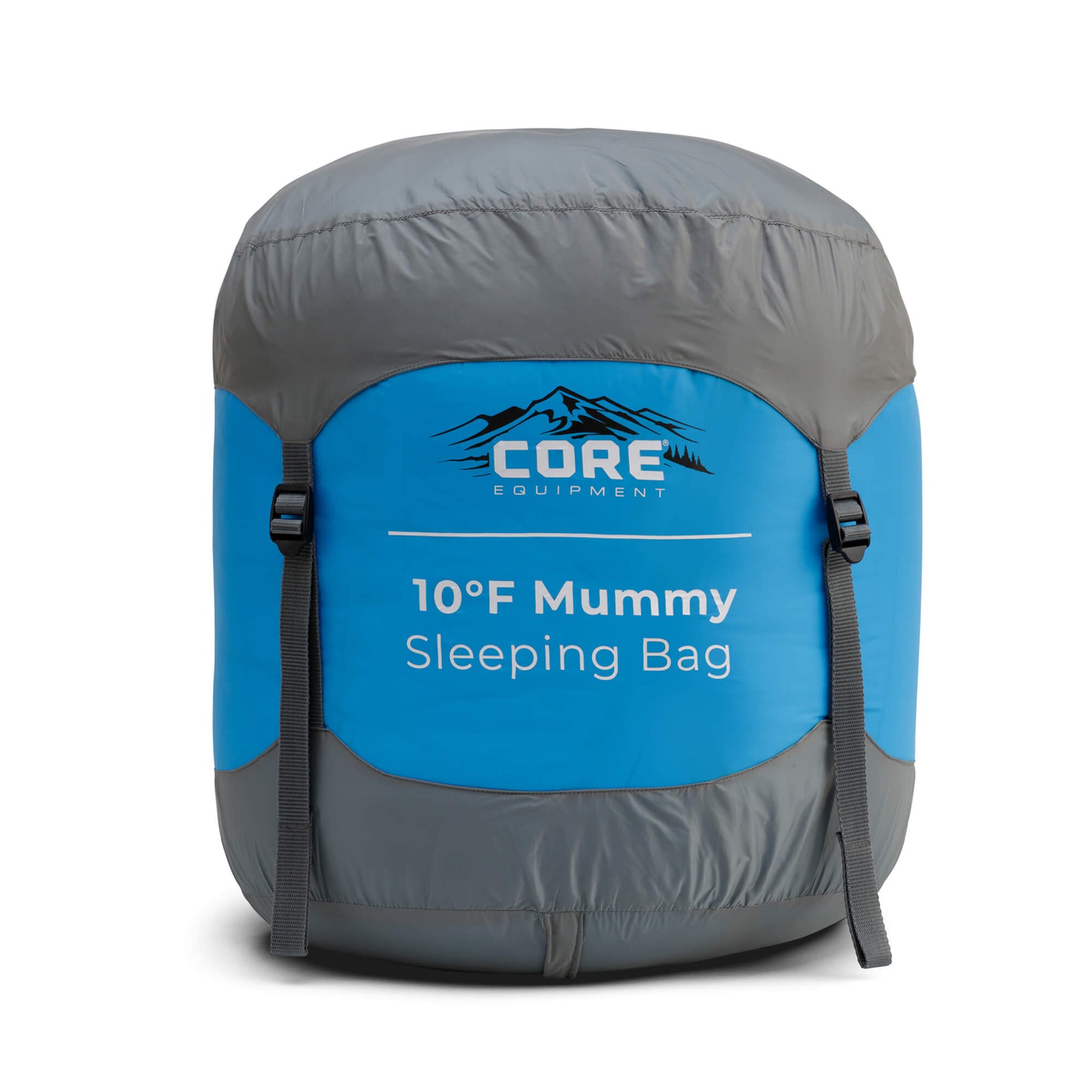 Blue and gray 10 degree sleeping bag  carry bag with CORE Equipment branding.