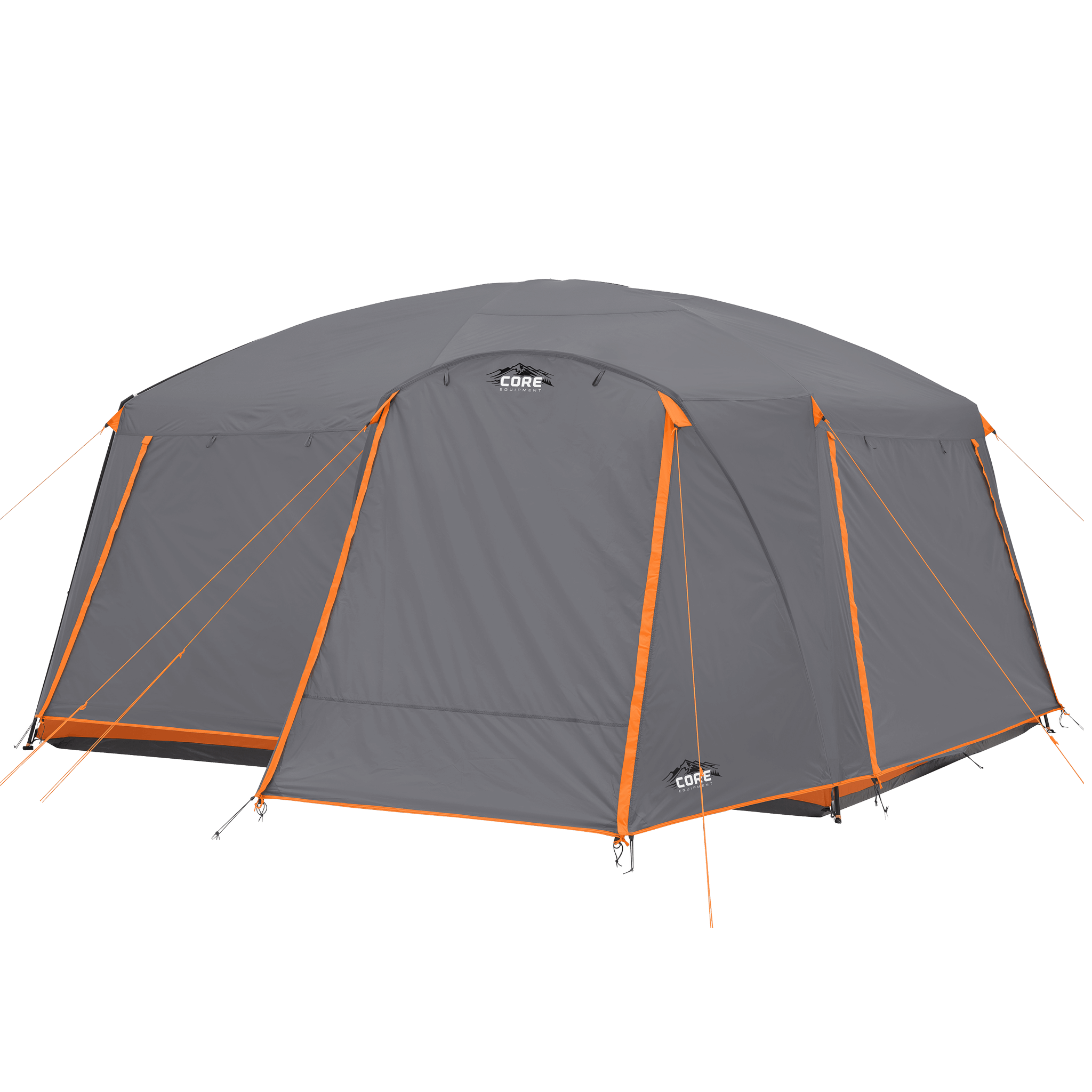CORE 10 person cabin tent with full coverage rainfly, pre-attached poles, and durable design for quick outdoor setup.