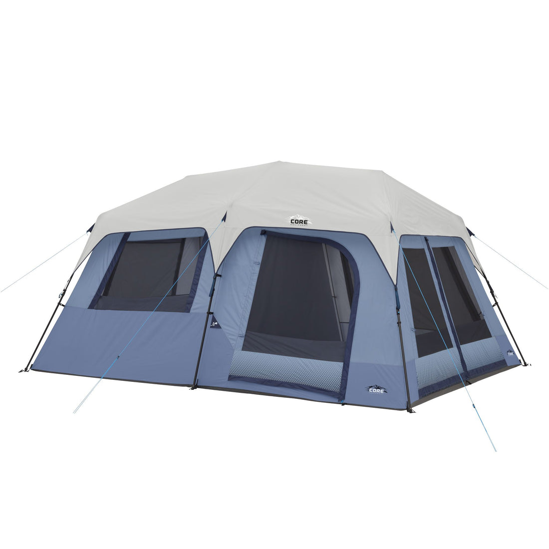 Blue CORE 10 person instant cabin camping tent on a white background.