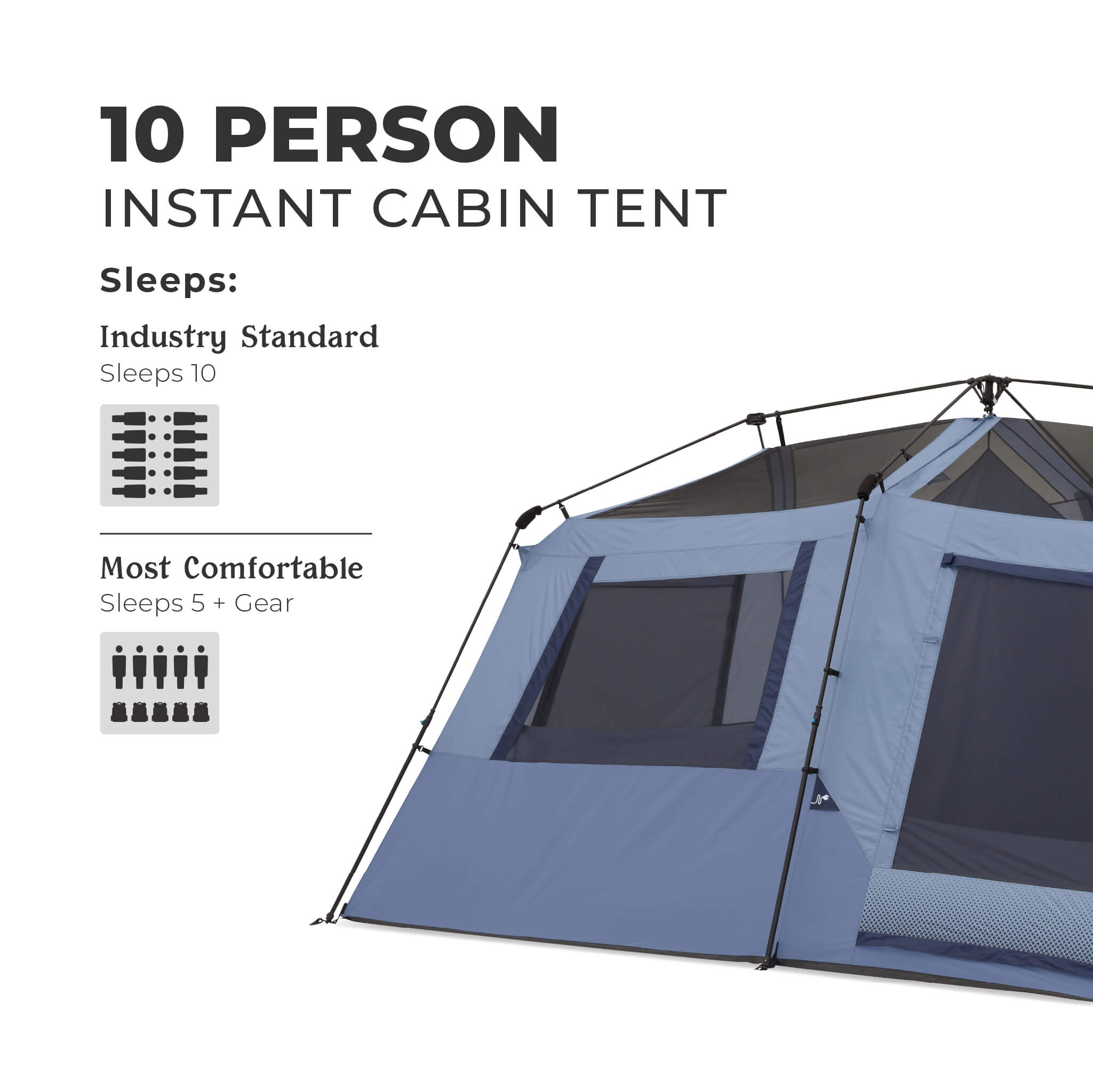 Image shows text: 10 Person Lighted Instant Tent, sleeps 10 industry standard or most comfortable for 3
5 people plus gear.